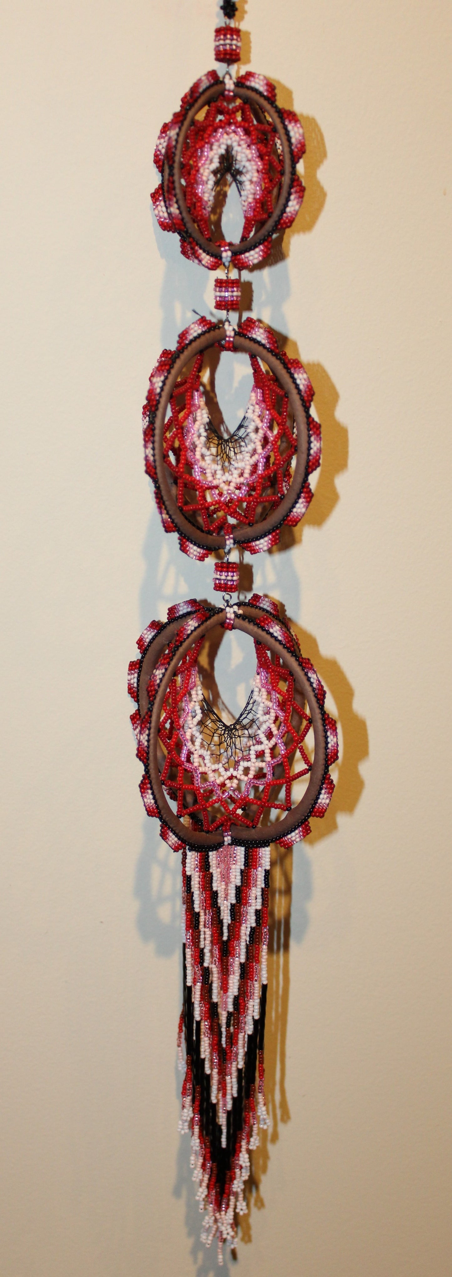 All Relations United - 20 inch 3-Tiered Red/Black/Pink/White Beaded Dreamcatcher