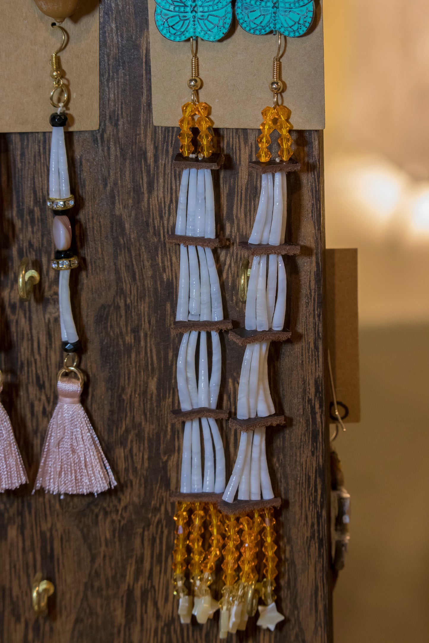 AJ Nequatewa - Four Tier Dentalium Earrings - Mother of Pearl and Star Beads
