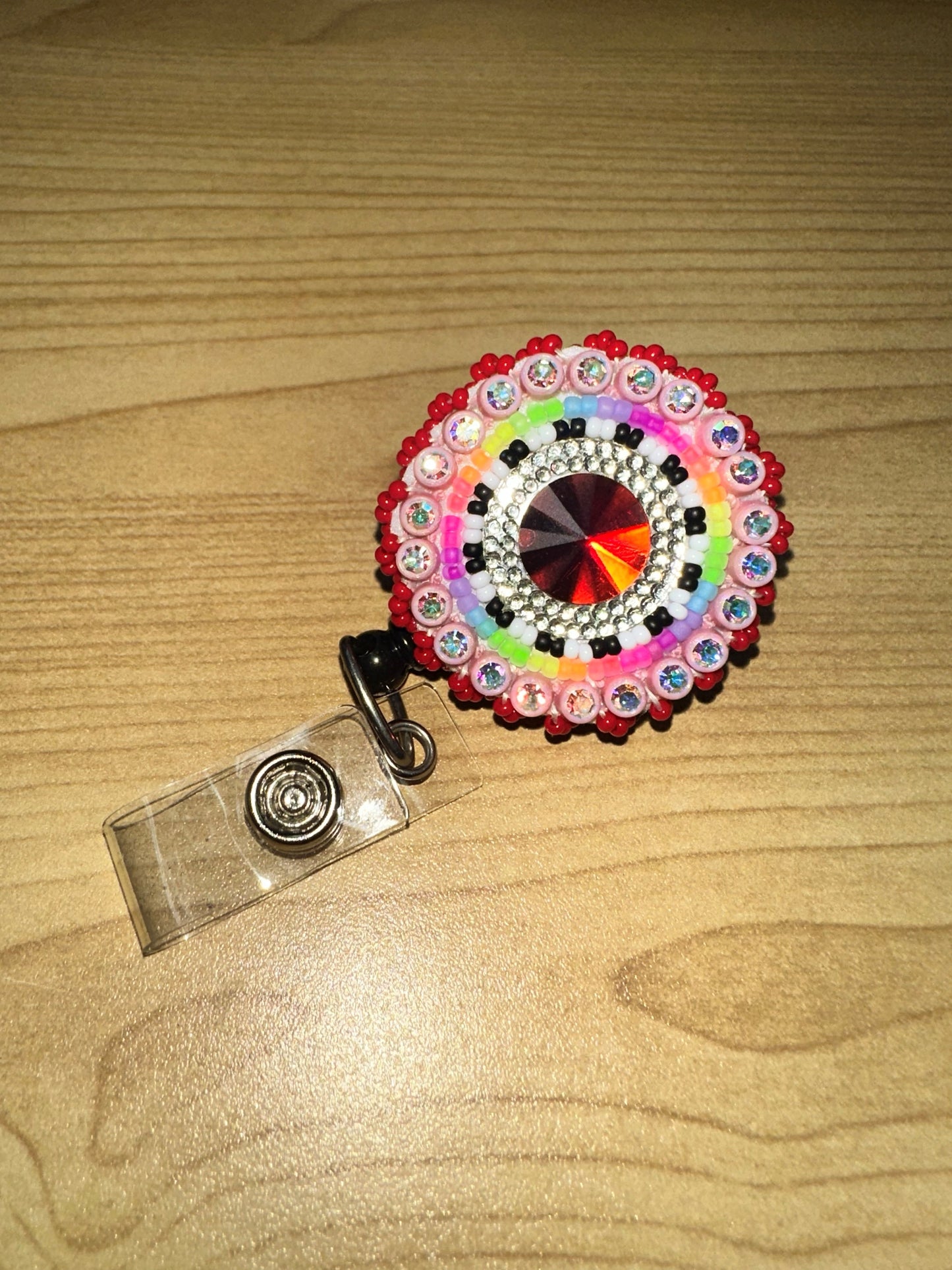 Beaded Badge Holder - Red, Pink, Orange, Green