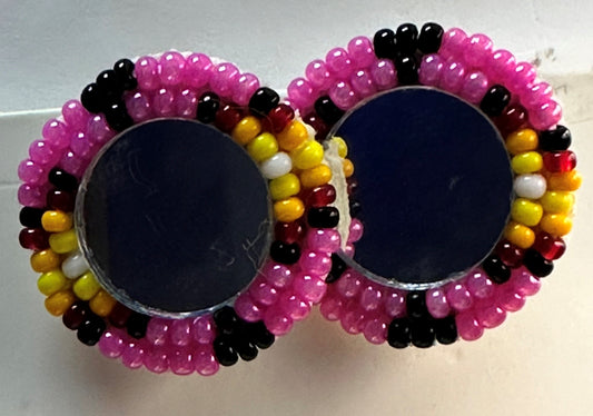 Beaded Earrings - Pink Black Yellow with Mirror