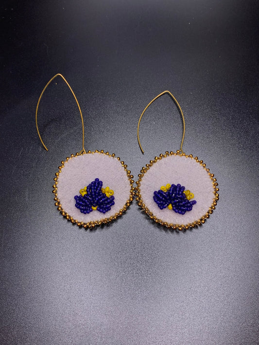 S.A. Lawrence - Raised Beadwork Blue Flower Earrings, Gray Background