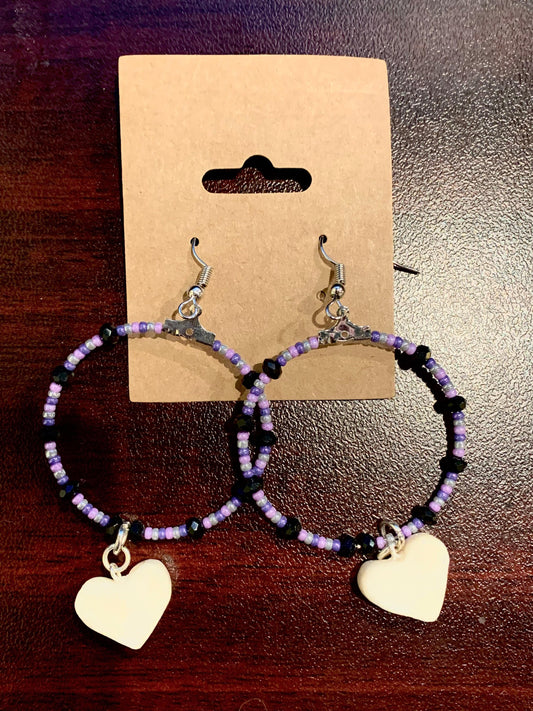 Aeshia Upton - Purple Beaded Hoop Earrings with Ivory Hearts