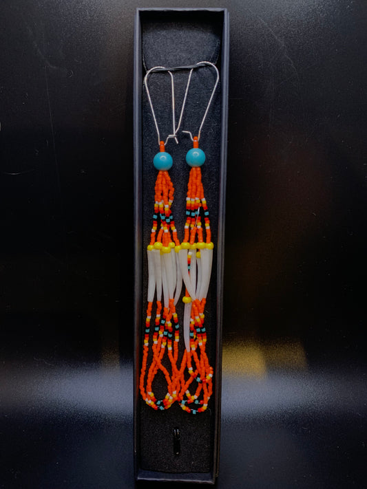 Kylie Kookesh - Orange Beaded Dentalium Dangle Earrings