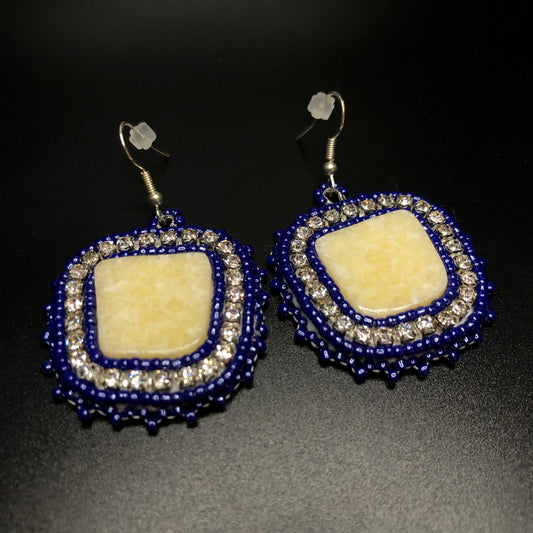 Aeshia Upton - Dark Blue Beaded Earrings, Off Square Ivory Centers