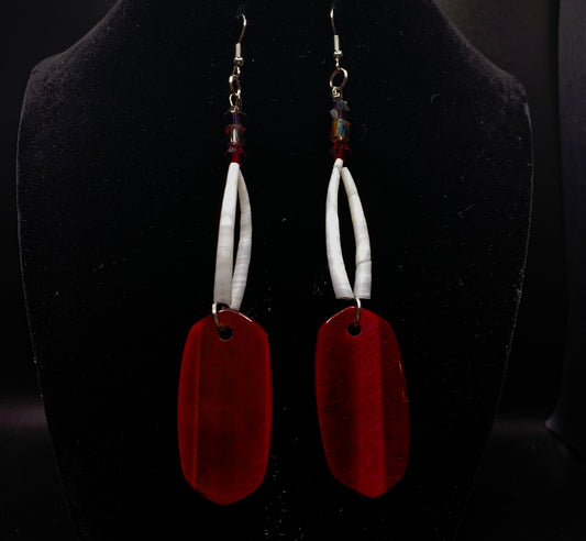 Amaris Makes Good - Two Tier Dentalium Earrings w Large Red Beas
