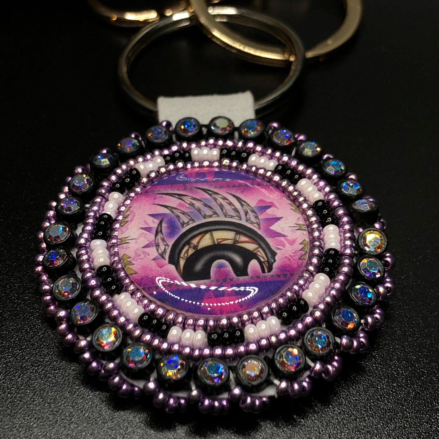 Germaine Thompson - Black, White and Purple Beaded Keychain w Pompom